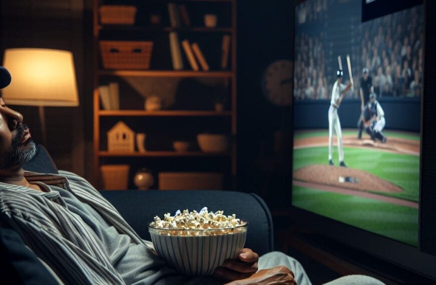 A person wearing striped pajamas and a cap sits on a couch holding a bowl of popcorn, watching the case against baseball unfold on a large TV in a dimly lit living room.