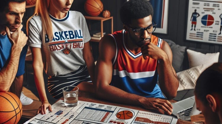 A group of NBA fans in sports jerseys study basketball statistics and charts on a table, surrounded by posters and memorabilia in a sports-themed room.