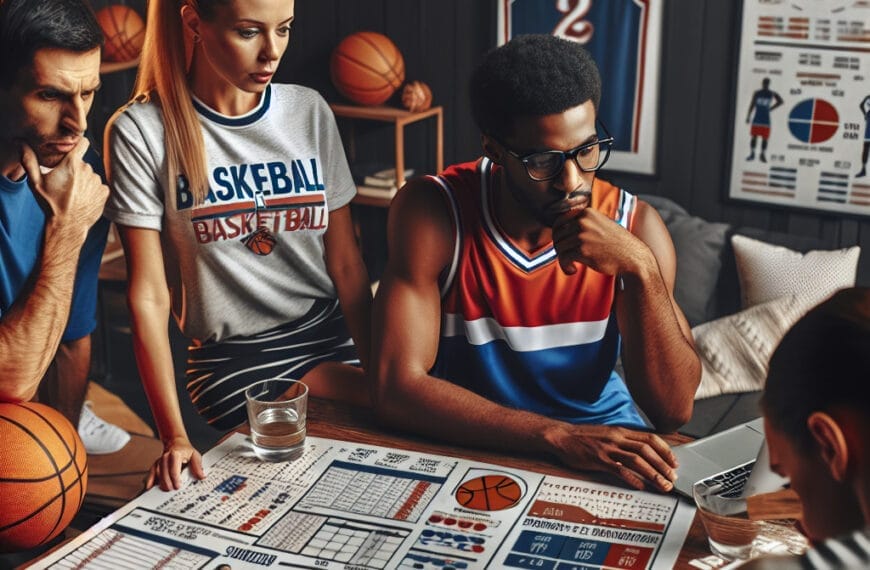 A group of NBA fans in sports jerseys study basketball statistics and charts on a table, surrounded by posters and memorabilia in a sports-themed room.