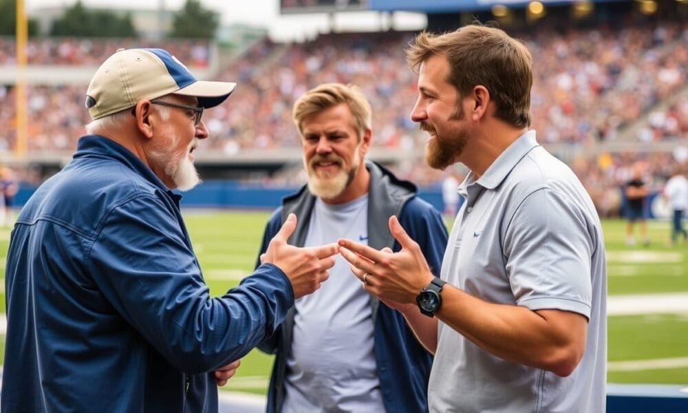 Three men are engaged in great sports debates on the sidelines of a football game, gesturing animatedly with the bustling stadium crowd in the background.