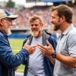 Three men are engaged in great sports debates on the sidelines of a football game, gesturing animatedly with the bustling stadium crowd in the background.