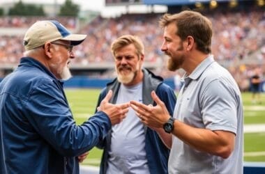 Three men are engaged in great sports debates on the sidelines of a football game, gesturing animatedly with the bustling stadium crowd in the background.