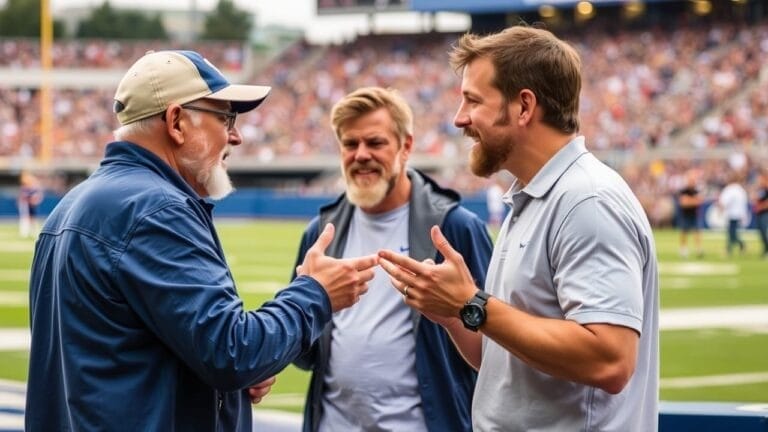 Three men are engaged in great sports debates on the sidelines of a football game, gesturing animatedly with the bustling stadium crowd in the background.