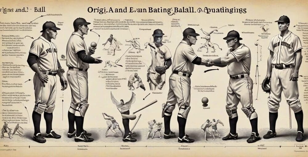 This vintage-style diagram beautifully contrasts historical baseball player stances, techniques, and equipment with modern baseball elements, all rendered in rich sepia tones.