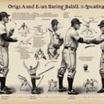 This vintage-style diagram beautifully contrasts historical baseball player stances, techniques, and equipment with modern baseball elements, all rendered in rich sepia tones.