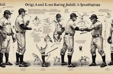 This vintage-style diagram beautifully contrasts historical baseball player stances, techniques, and equipment with modern baseball elements, all rendered in rich sepia tones.