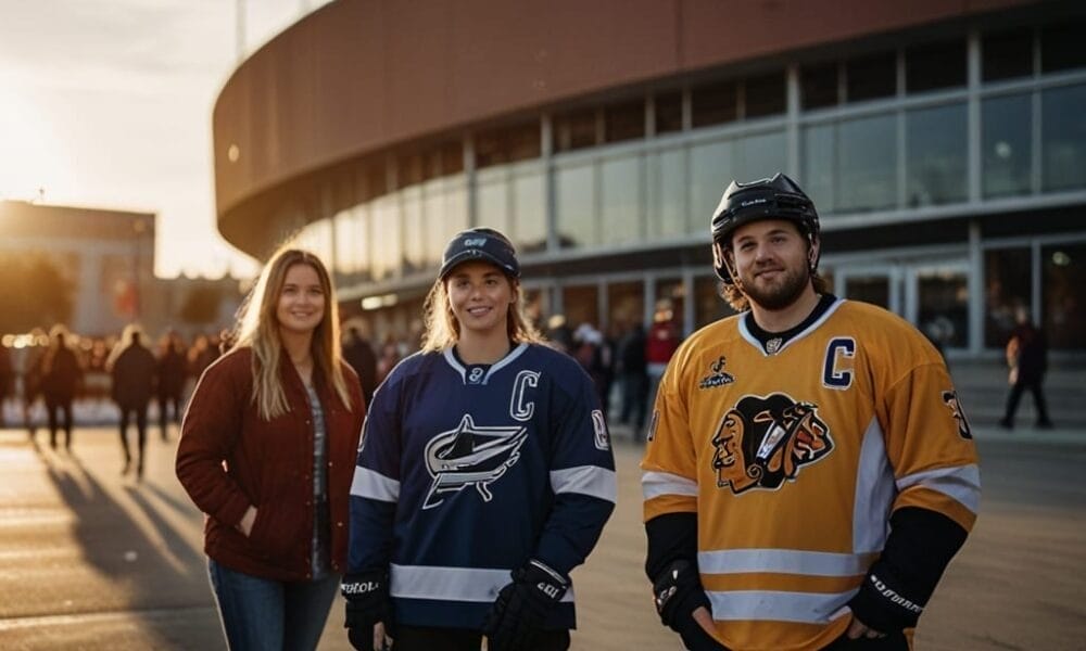 Three people outside an arena, two in hockey gear and one in a jacket, smile as the sun begins to set, momentarily setting aside modern NHL fan frustrations.