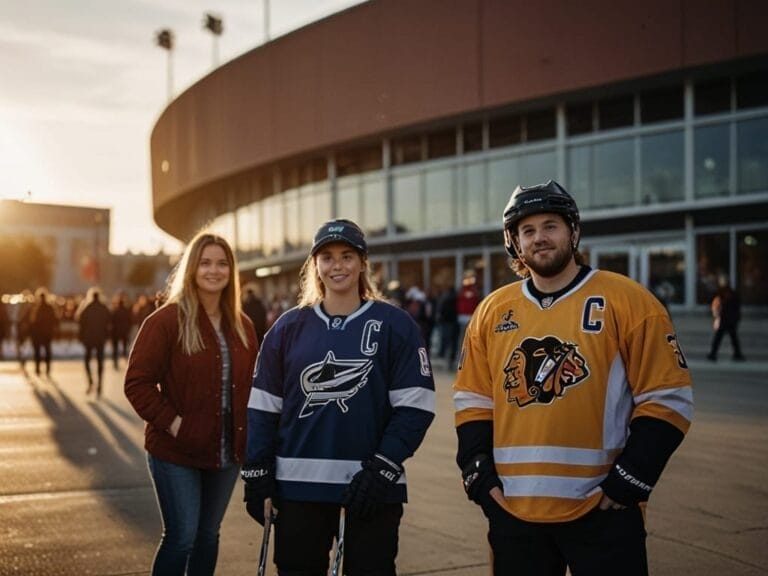 Three people outside an arena, two in hockey gear and one in a jacket, smile as the sun begins to set, momentarily setting aside modern NHL fan frustrations.