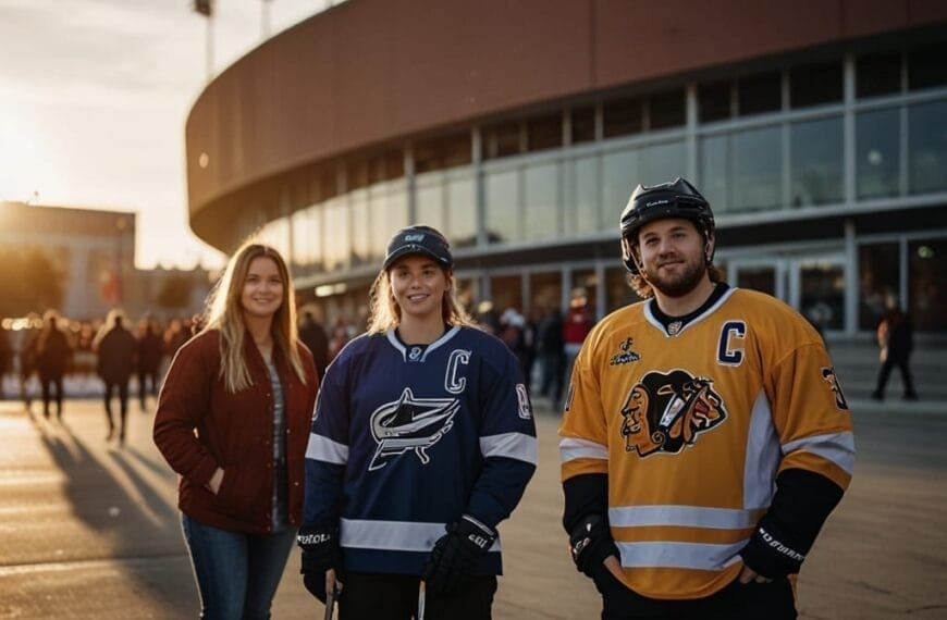 Three people outside an arena, two in hockey gear and one in a jacket, smile as the sun begins to set, momentarily setting aside modern NHL fan frustrations.