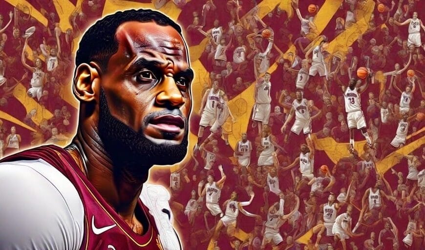 A basketball player in focus, reminiscent of LeBron James, stands against a dynamic background filled with action shots in team uniforms.