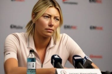 A person at a press conference table, surrounded by microphones and wearing a light-colored shirt, looks thoughtful while addressing controversial sports issues.