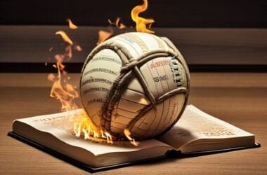 A ball wrapped in paper, ablaze with text, rests atop an open book on a wooden surface. The scene echoes the strategic intensity of the Moneyball method as flames dance around the written words.