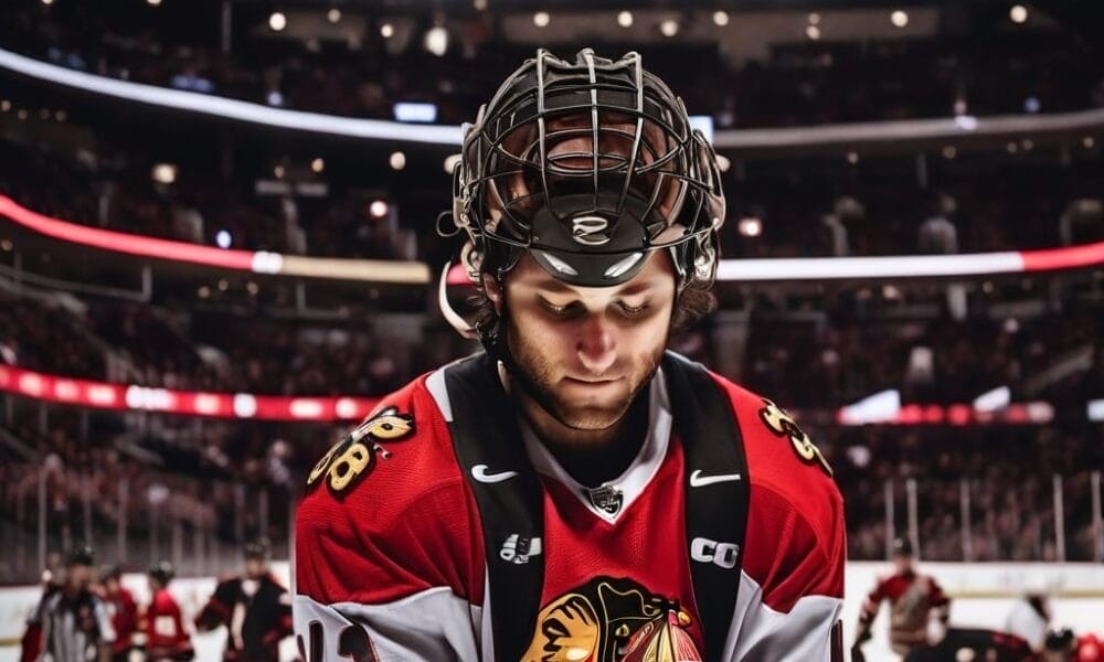 NHL player in a red jersey, head bowed in focus, navigates the rink under the stadium's bright lights and blurred crowd, embodying the league's commitment to player safety.