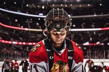 NHL player in a red jersey, head bowed in focus, navigates the rink under the stadium's bright lights and blurred crowd, embodying the league's commitment to player safety.