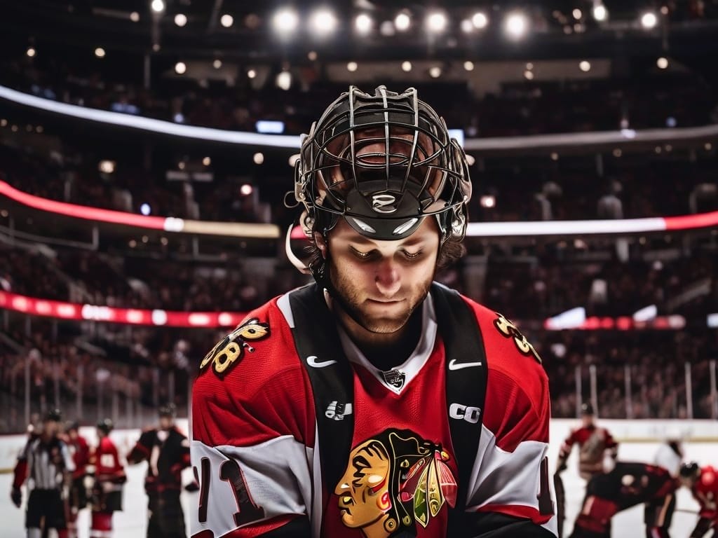 NHL player in a red jersey, head bowed in focus, navigates the rink under the stadium's bright lights and blurred crowd, embodying the league's commitment to player safety.