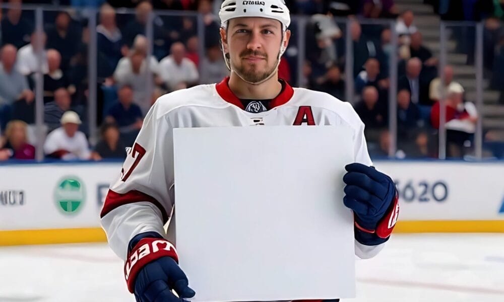 A hockey player, possibly pondering NHL player contracts, stands on the ice holding a blank white sign, with a lively crowd in the backdrop.