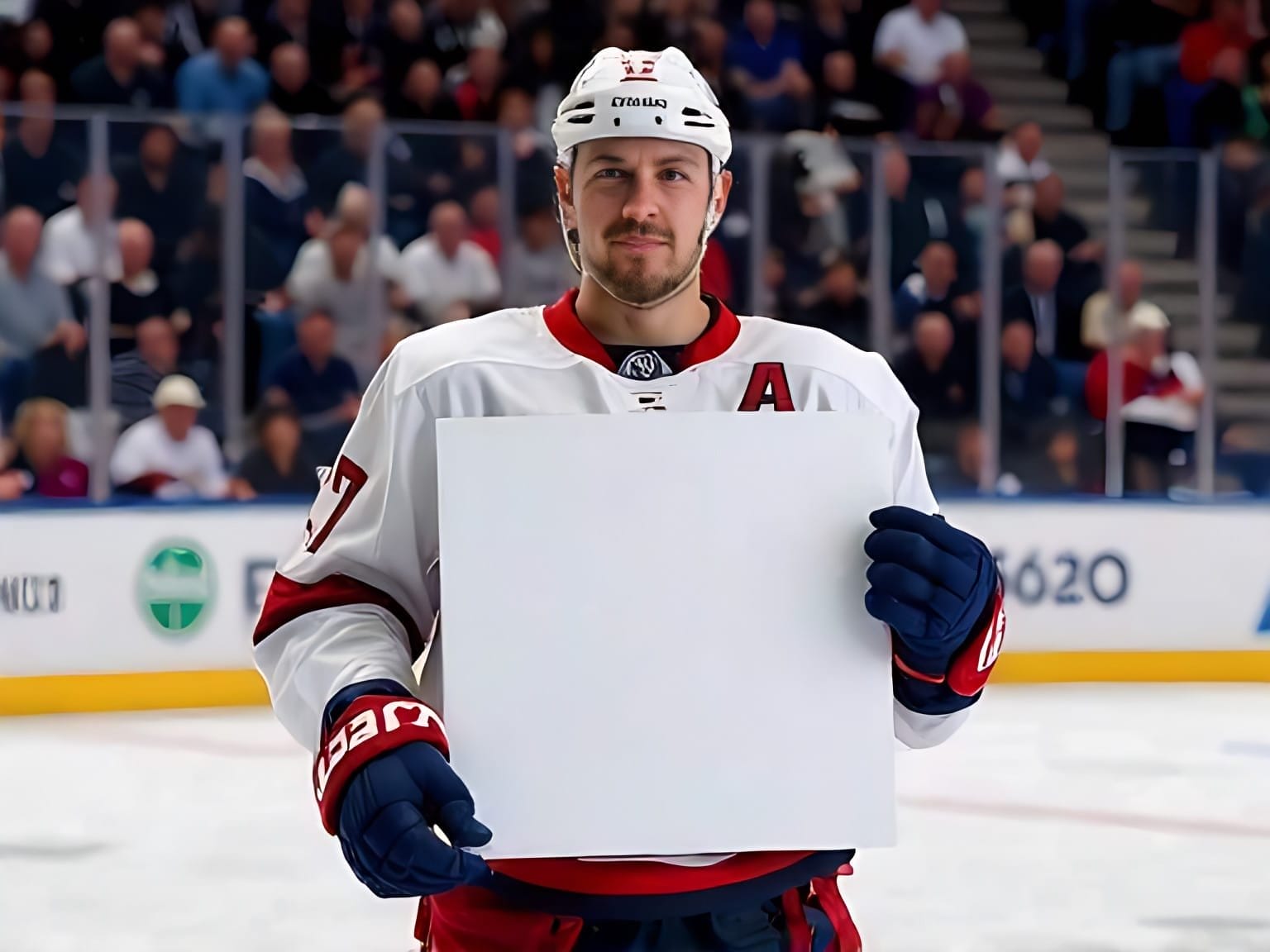 A hockey player, possibly pondering NHL player contracts, stands on the ice holding a blank white sign, with a lively crowd in the backdrop.