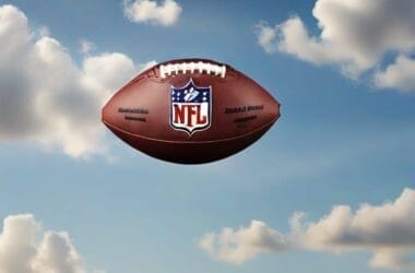 An NFL football gracefully floats against a blue sky with fluffy white clouds, echoing the timeless NFL traditions and the thrilling anticipation of Sunday games.