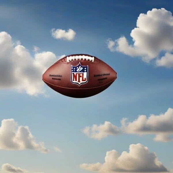 An NFL football gracefully floats against a blue sky with fluffy white clouds, echoing the timeless NFL traditions and the thrilling anticipation of Sunday games.