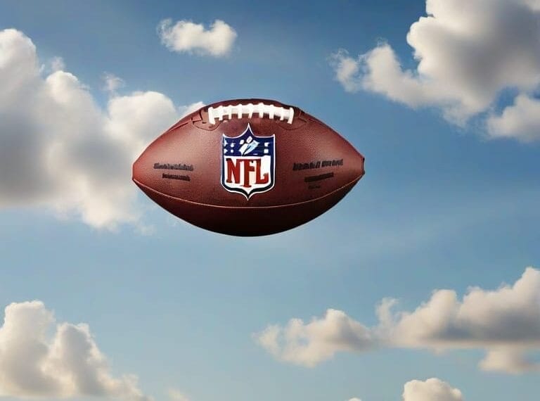An NFL football gracefully floats against a blue sky with fluffy white clouds, echoing the timeless NFL traditions and the thrilling anticipation of Sunday games.