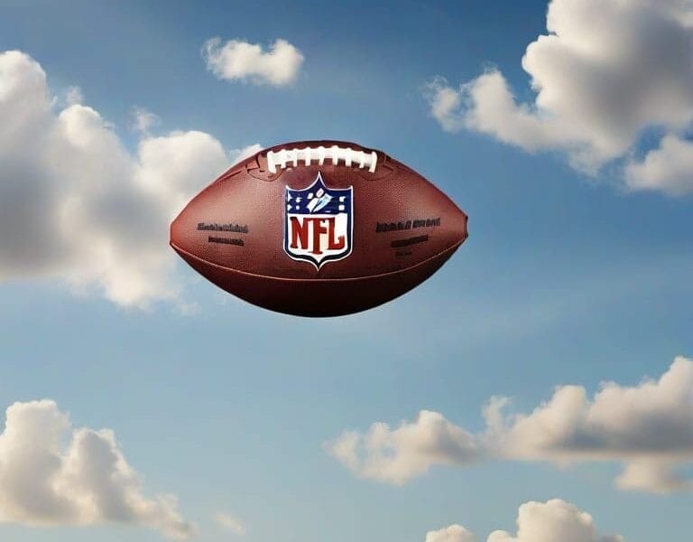 An NFL football gracefully floats against a blue sky with fluffy white clouds, echoing the timeless NFL traditions and the thrilling anticipation of Sunday games.