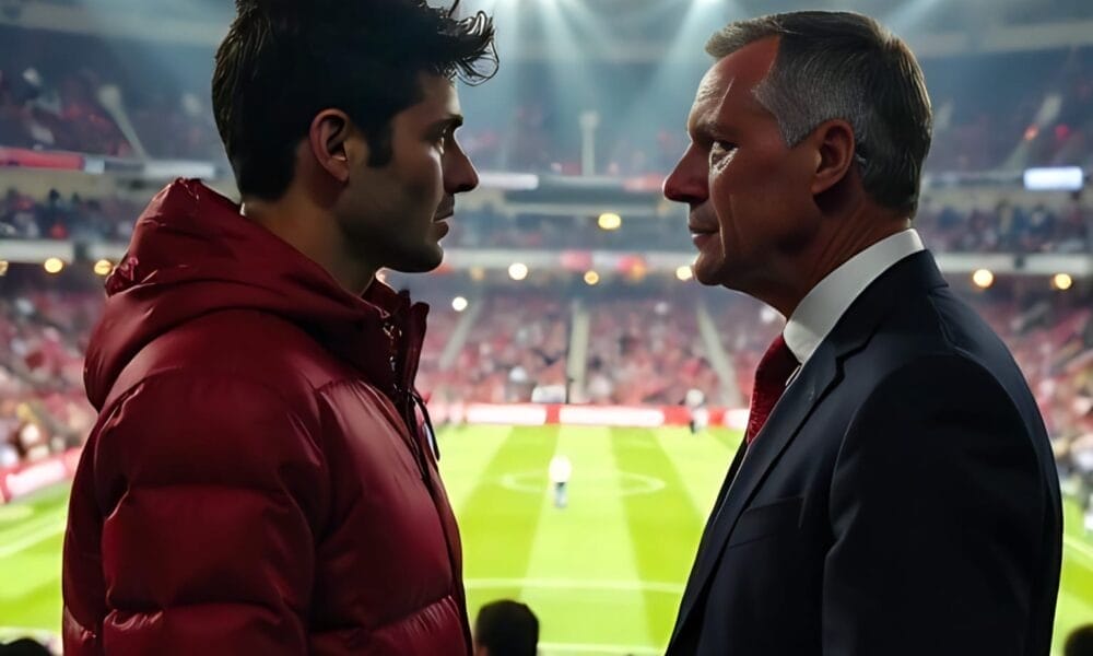 Two men in a stadium, facing each other with polarizing sports views, one in a red jacket and the other in a suit, with a soccer field in the background.