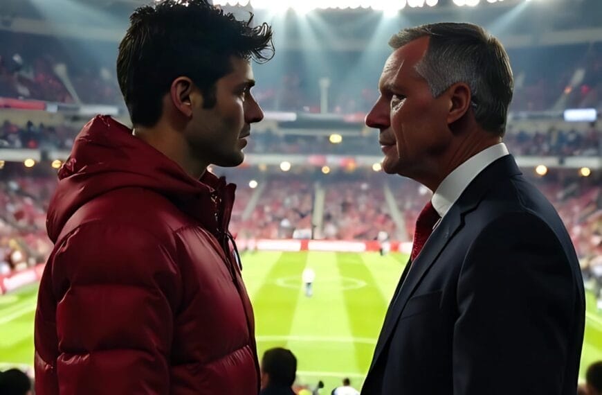 Two men in a stadium, facing each other with polarizing sports views, one in a red jacket and the other in a suit, with a soccer field in the background.