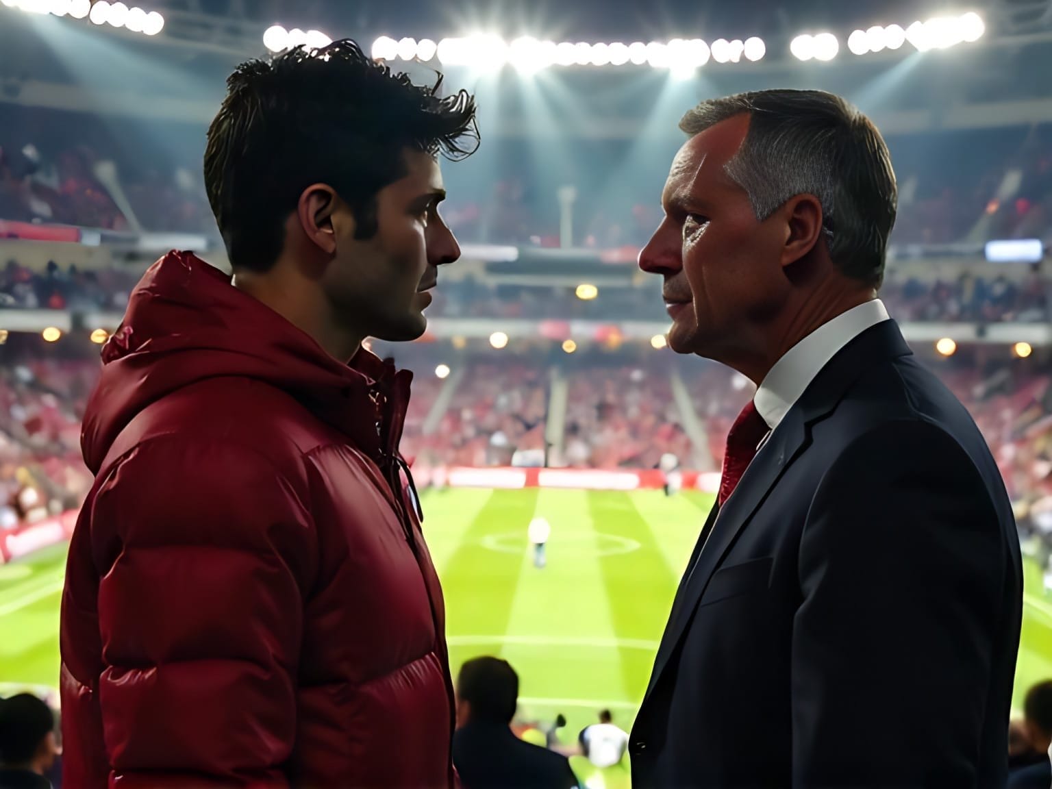 Two men in a stadium, facing each other with polarizing sports views, one in a red jacket and the other in a suit, with a soccer field in the background.