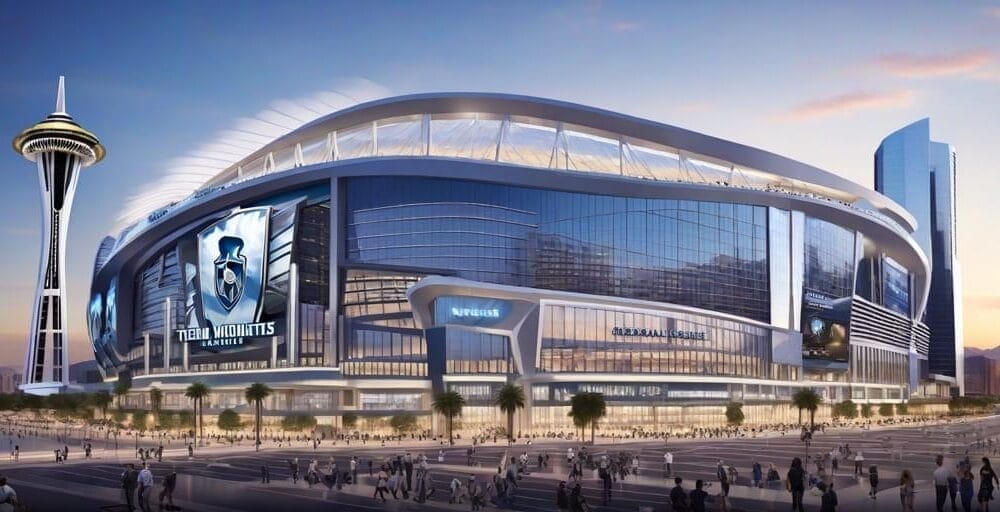 Modern stadium with large screens and distinctive tower nearby, bathed in the warm hues of sunset, surrounded by a bustling cityscape. The air is abuzz with excitement as fans discuss the potential NHL team relocation bringing fresh energy to the town.