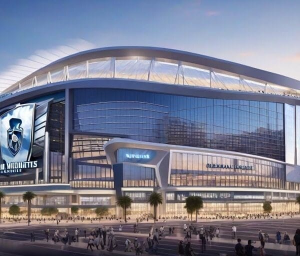 Modern stadium with large screens and distinctive tower nearby, bathed in the warm hues of sunset, surrounded by a bustling cityscape. The air is abuzz with excitement as fans discuss the potential NHL team relocation bringing fresh energy to the town.