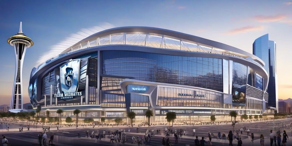 Modern stadium with large screens and distinctive tower nearby, bathed in the warm hues of sunset, surrounded by a bustling cityscape. The air is abuzz with excitement as fans discuss the potential NHL team relocation bringing fresh energy to the town.