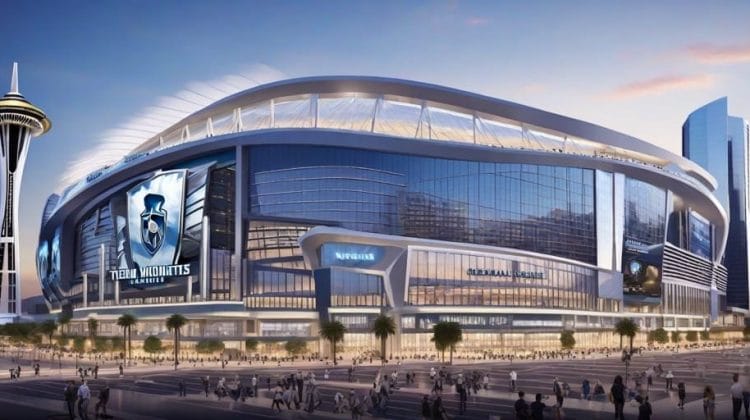 Modern stadium with large screens and distinctive tower nearby, bathed in the warm hues of sunset, surrounded by a bustling cityscape. The air is abuzz with excitement as fans discuss the potential NHL team relocation bringing fresh energy to the town.