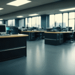 An empty office with multiple desks and computers is set up for sports media coverage, with large windows allowing natural light to flood in, creating an inviting atmosphere for creativity.