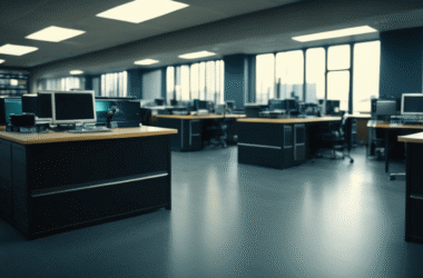 An empty office with multiple desks and computers is set up for sports media coverage, with large windows allowing natural light to flood in, creating an inviting atmosphere for creativity.