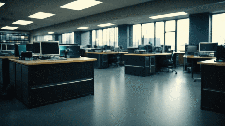 An empty office with multiple desks and computers is set up for sports media coverage, with large windows allowing natural light to flood in, creating an inviting atmosphere for creativity.