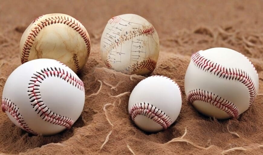 Five baseballs of different sizes and designs rest on a sandy surface, each seeming to narrate its own story through advanced baseball statistics.