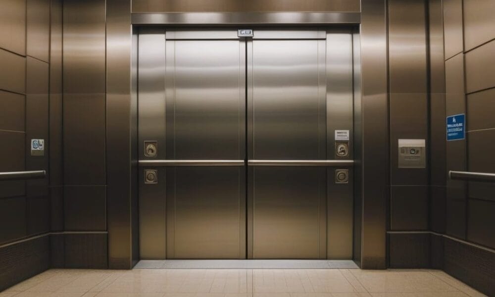 Sleek modern elevator with closed stainless steel doors in a dimly lit hallway, whispered secrets of sports controversies echoing off the brown walls and tiled floor.