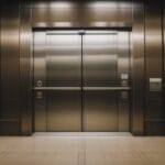 Sleek modern elevator with closed stainless steel doors in a dimly lit hallway, whispered secrets of sports controversies echoing off the brown walls and tiled floor.