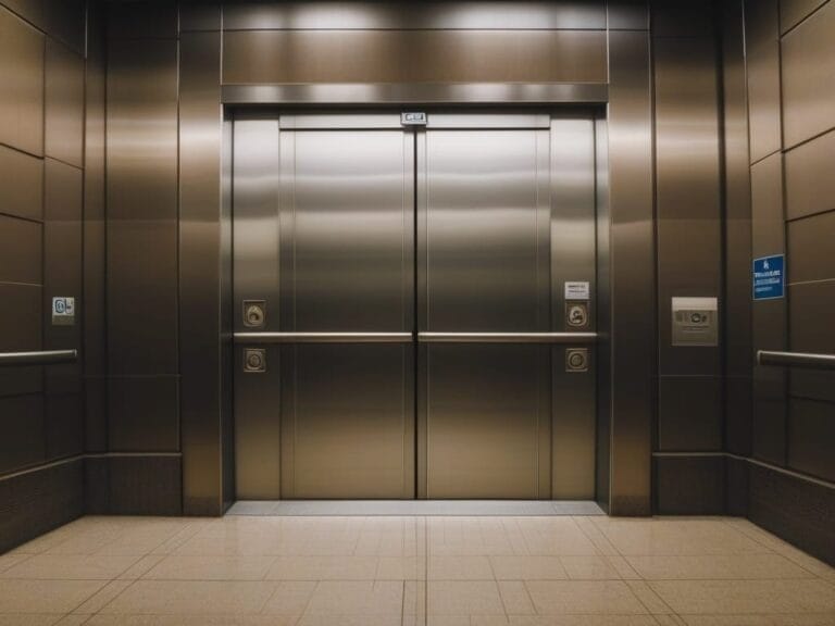 Sleek modern elevator with closed stainless steel doors in a dimly lit hallway, whispered secrets of sports controversies echoing off the brown walls and tiled floor.