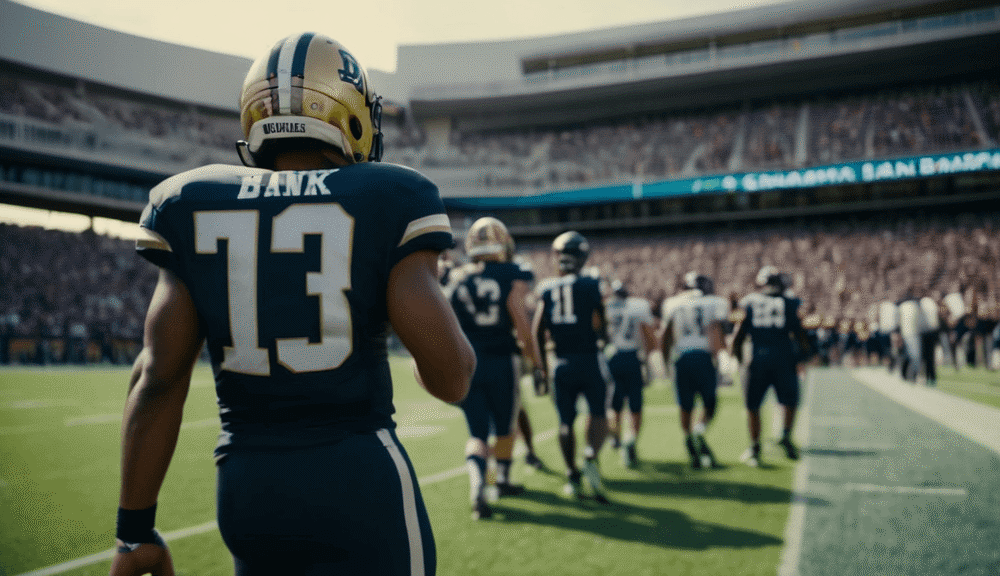 A football player in a #13 jersey stands on the sideline, watching as teams line up on the field in a packed stadium, embodying the spirit of controversial sports debates that ignite passion among fans.