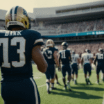 A football player in a #13 jersey stands on the sideline, watching as teams line up on the field in a packed stadium, embodying the spirit of controversial sports debates that ignite passion among fans.