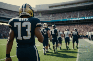 A football player in a #13 jersey stands on the sideline, watching as teams line up on the field in a packed stadium, embodying the spirit of controversial sports debates that ignite passion among fans.