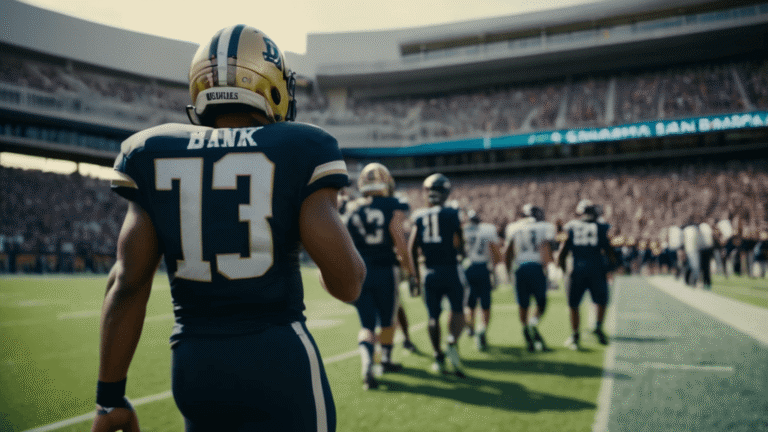 A football player in a #13 jersey stands on the sideline, watching as teams line up on the field in a packed stadium, embodying the spirit of controversial sports debates that ignite passion among fans.