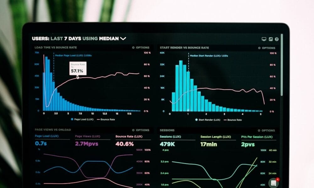 A laptop screen showcasing sports analytics with various graphs and statistics in a sleek, dark color scheme.