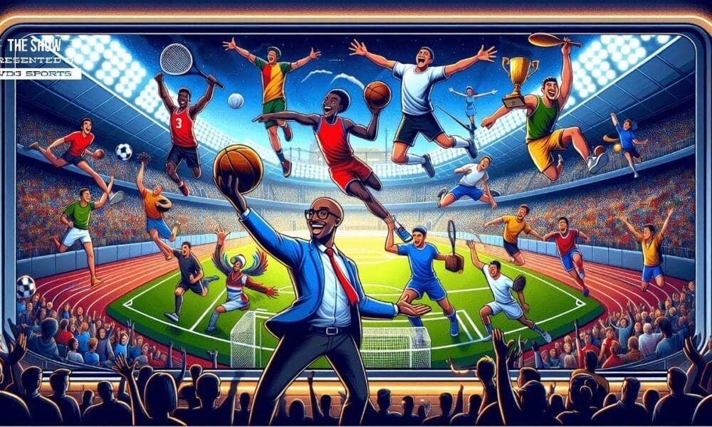 An illustration of diverse athletes, including a basketball player, celebrating victory in a stadium at night as lively sports talk echoes through the stands.