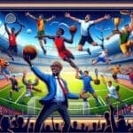 An illustration of diverse athletes, including a basketball player, celebrating victory in a stadium at night as lively sports talk echoes through the stands.