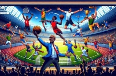 An illustration of diverse athletes, including a basketball player, celebrating victory in a stadium at night as lively sports talk echoes through the stands.