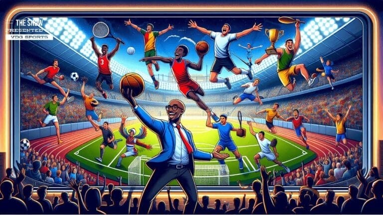 An illustration of diverse athletes, including a basketball player, celebrating victory in a stadium at night as lively sports talk echoes through the stands.