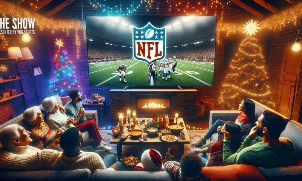 Family watching an NFL game on TV in a cozy living room, decorated with Christmas lights and a tree.