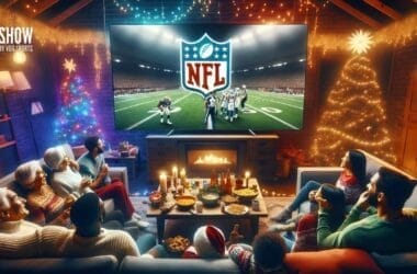 Family watching an NFL game on TV in a cozy living room, decorated with Christmas lights and a tree.